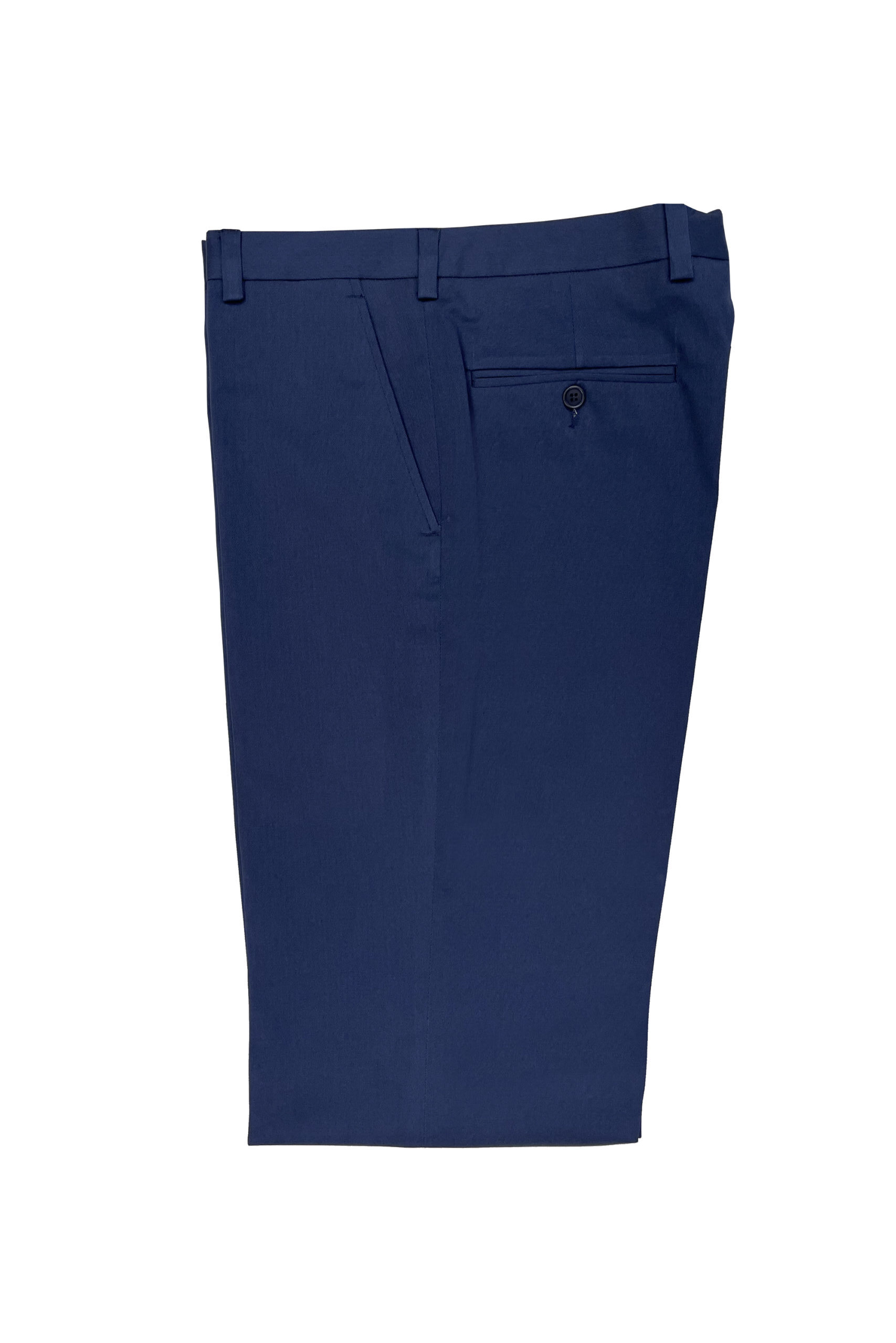 Close-up of a navy blue pants pocket with a button on a white background