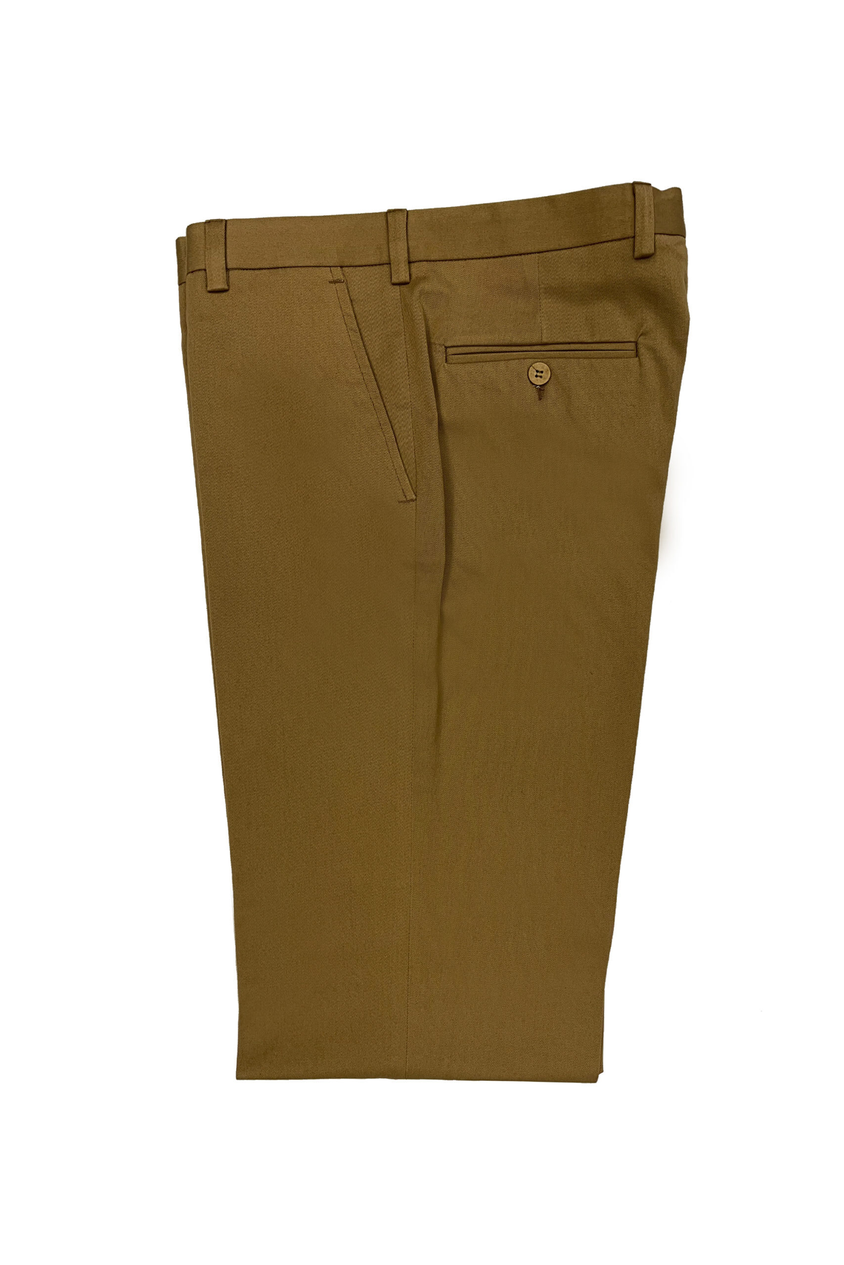 Close-up of brown pants with a button on a white background